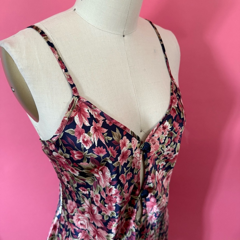 Vintage 80s 90s Coquette Rosette Floral Slip Dress Navy Ruffle Mini Slip Dress S - Picture 5 of 15